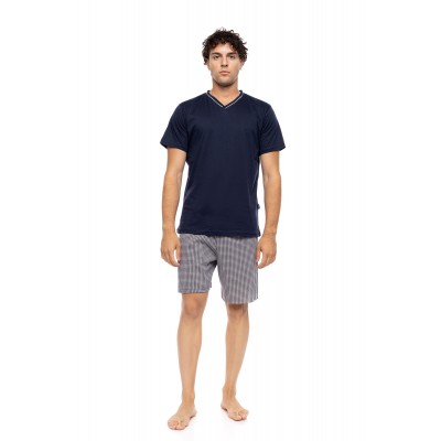 S-M605 - Yacht Blue - PYJAMA V-NECK PETIT PLAID- (S-M605)