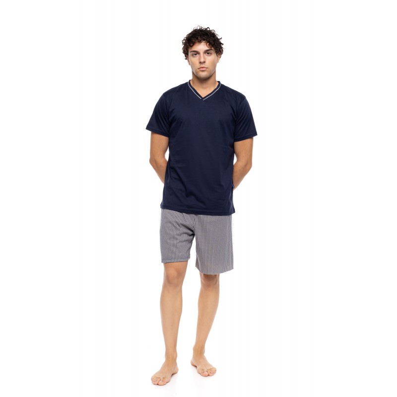 S-M605 - Yacht Blue - PYJAMA V-NECK PETIT PLAID- (S-M605) S-M605 - Yacht Blue - PYJAMA V-NECK PETIT PLAID- (S-M605)
