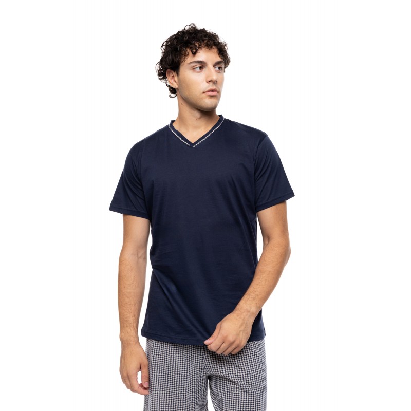 S-M605 - Yacht Blue - PYJAMA V-NECK PETIT PLAID- (S-M605) S-M605 - Yacht Blue - PYJAMA V-NECK PETIT PLAID- (S-M605)