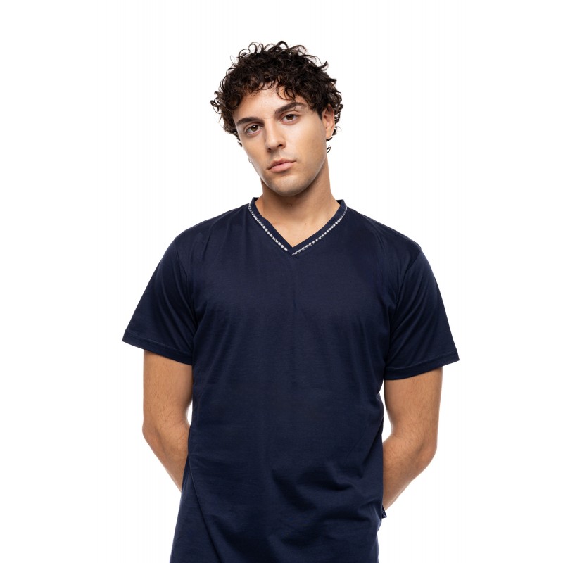 S-M605 - Yacht Blue - PYJAMA V-NECK PETIT PLAID- (S-M605) S-M605 - Yacht Blue - PYJAMA V-NECK PETIT PLAID- (S-M605)