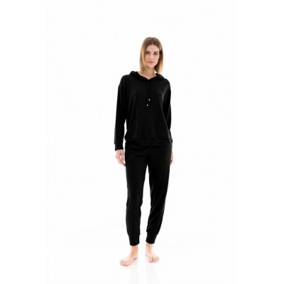 W1418 - Black - HOMEWEAR SOLID SOFT HOOD JACQUARD- (W1418)