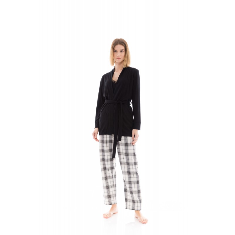 W1423 - Skin - PYJAMA 3PCS BEIGE -BLACK PLAID- (W1423)
