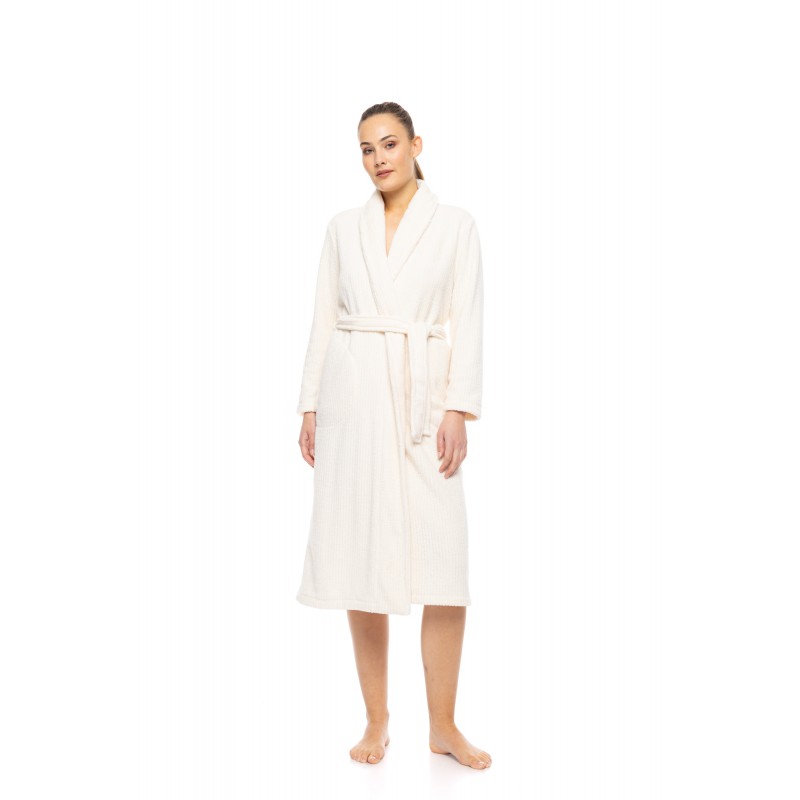 W1880 - White - ROBE LONG FLEECE STRIPE- (W1880)