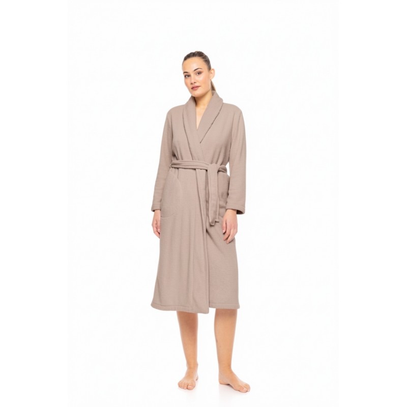 W1880 - Sand - ROBE LONG FLEECE STRIPE- (W1880) W1880 - Sand - ROBE LONG FLEECE STRIPE- (W1880)