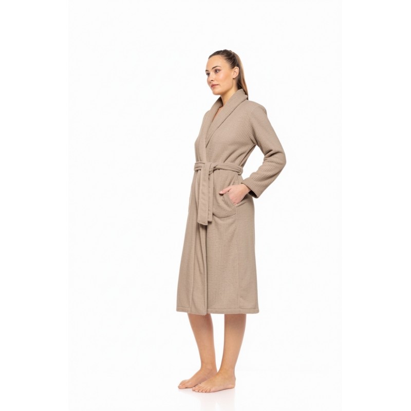 W1880 - Sand - ROBE LONG FLEECE STRIPE- (W1880) W1880 - Sand - ROBE LONG FLEECE STRIPE- (W1880)