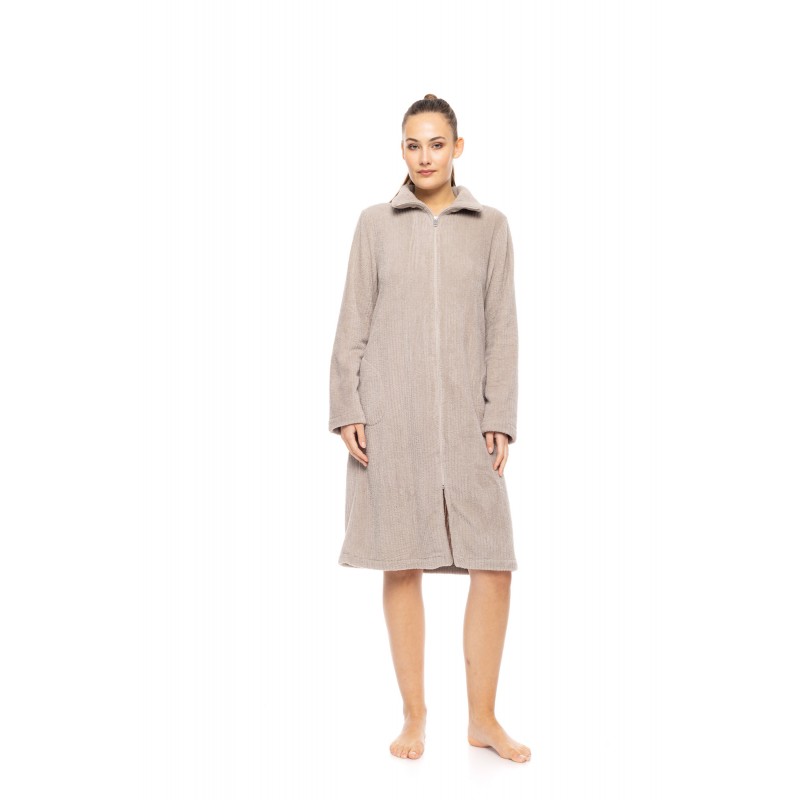 W1882 - Sand - ROBE ZIPPER FLEECE STRIPE- (W1882) W1882 - Sand - ROBE ZIPPER FLEECE STRIPE- (W1882)