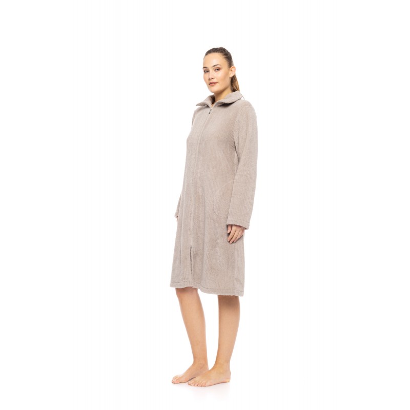 W1882 - Sand - ROBE ZIPPER FLEECE STRIPE- (W1882) W1882 - Sand - ROBE ZIPPER FLEECE STRIPE- (W1882)