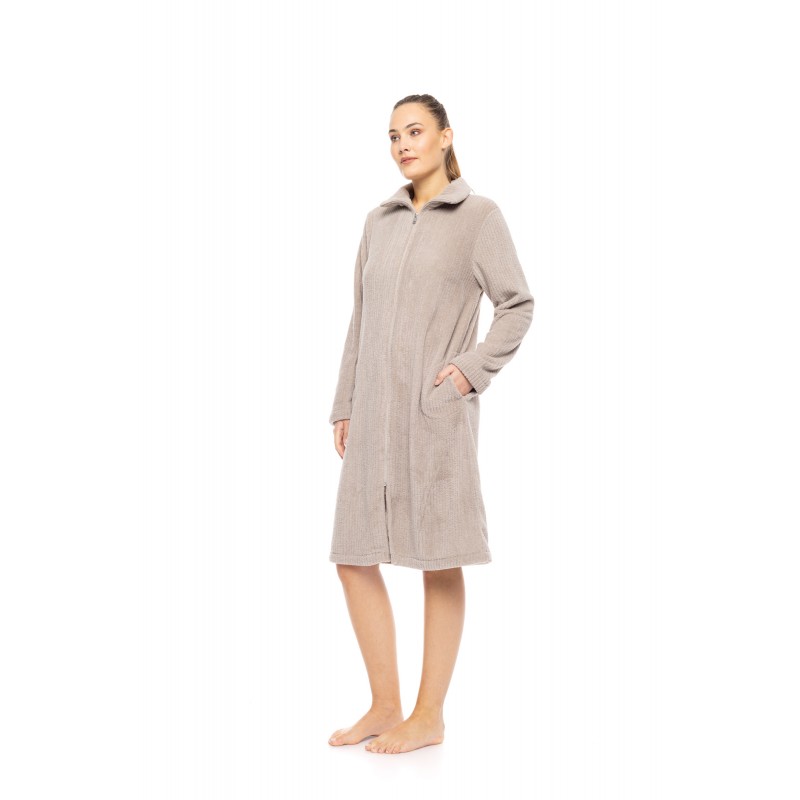 W1882 - Sand - ROBE ZIPPER FLEECE STRIPE- (W1882) W1882 - Sand - ROBE ZIPPER FLEECE STRIPE- (W1882)