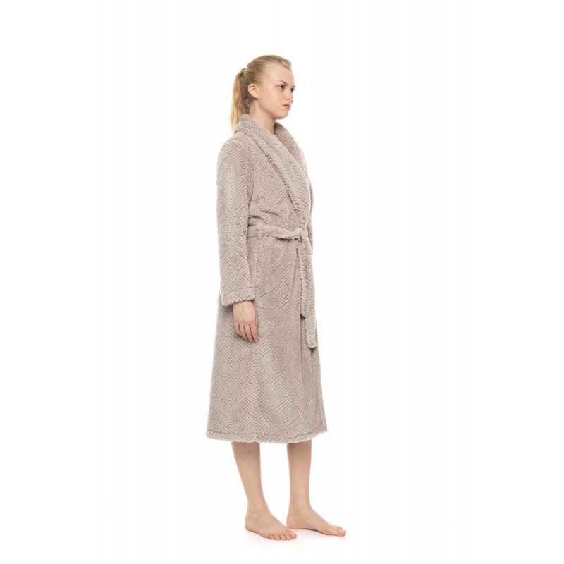 W2049 - Sand - Robe Long Fleece Jaquard- (W2049) W2049 - Sand - Robe Long Fleece Jaquard- (W2049)