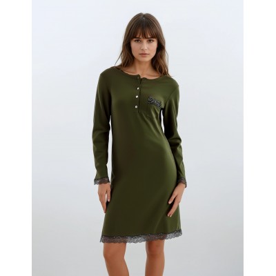 W907_1 - Oil Green - NIGHTGOWN BLACK FLOWERS- (W907_1) W907_1 - Oil Green - NIGHTGOWN BLACK FLOWERS- (W907_1)