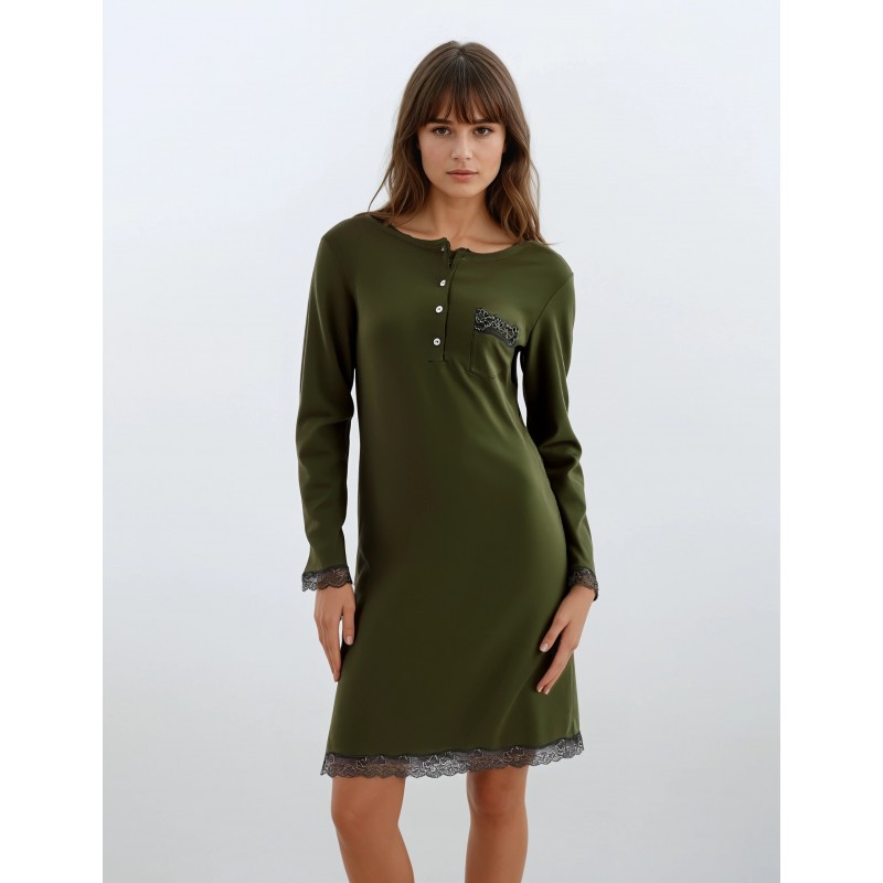W907_1 - Oil Green - NIGHTGOWN BLACK FLOWERS- (W907_1)