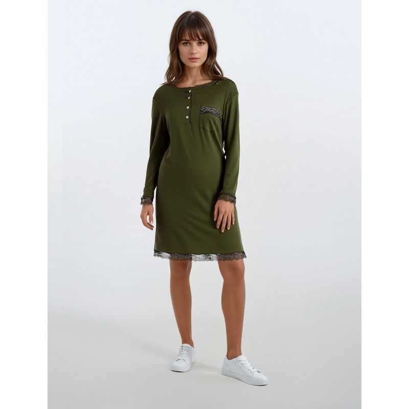W907_1 - Oil Green - NIGHTGOWN BLACK FLOWERS- (W907_1)