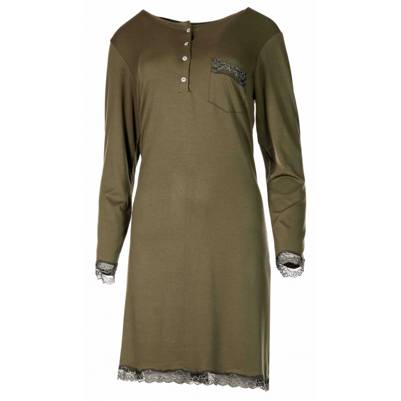 W907_1 - Oil Green - NIGHTGOWN BLACK FLOWERS- (W907_1)
