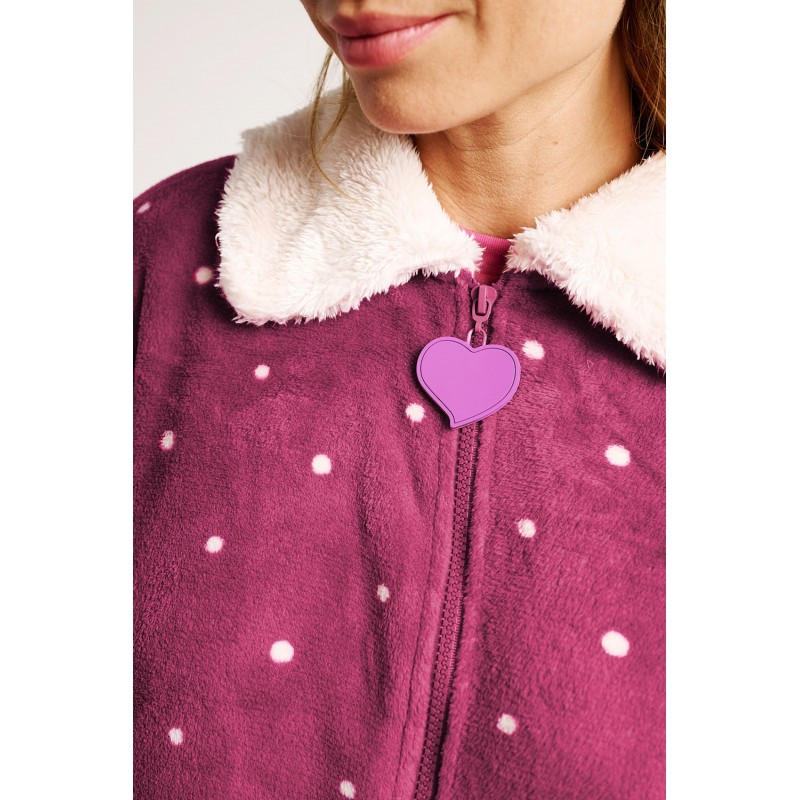 MUYDEMI - Γυναικεία Ρόμπα Μακρυά με Πουά Print and Sheepskin Λεπτομέρειες