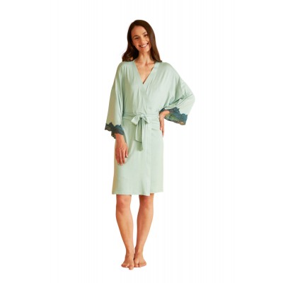 Harmony Γυναικεία Σταυρωτή Ρόμπα Μονόχρωμη Viscose 3/4 Μανίκι και Δαντέλα