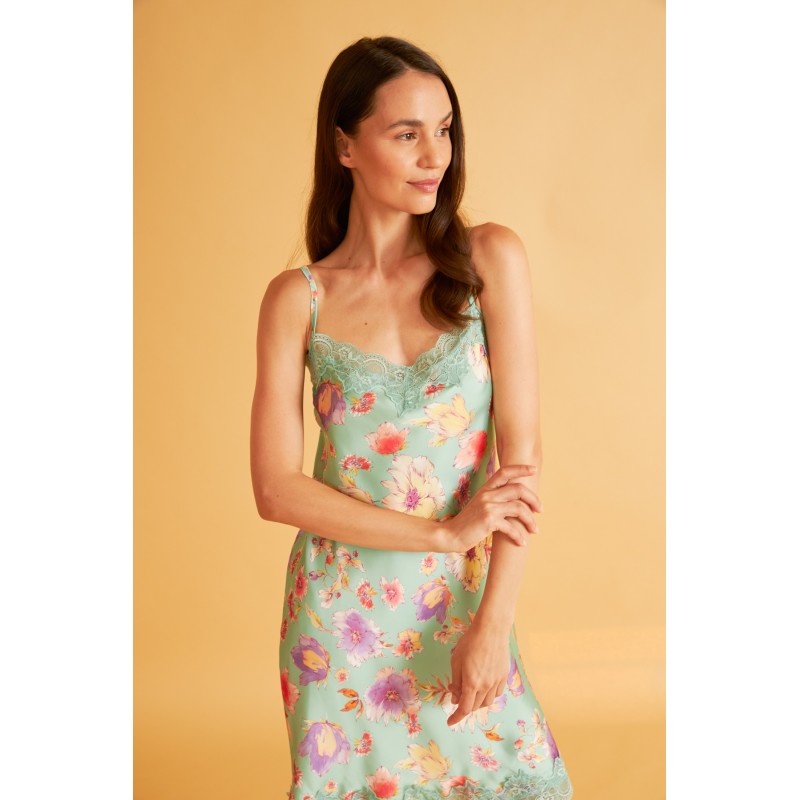 Harmony Γυναικείο Νυχτικό Floral Σατέν με Ράντα και Δαντέλα