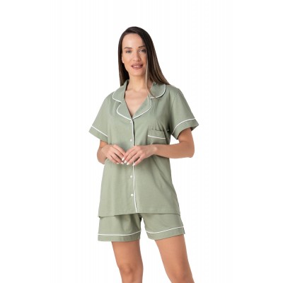Relax - Γυναικεία Καλοκαιρινή Πυτζάμα Μονόχρωμη Πέτο Γιακά Κουμπιά και Σορτς Cotton/Modal