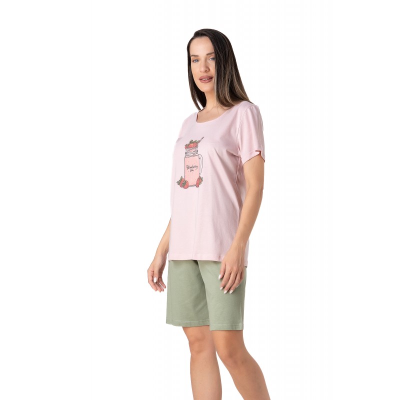 Relax - Γυναικεία Καλοκαιρινή Πυτζάμα με Κοντό Μανίκι Βερμούδα και Τύπωμα Φράουλες Cotton/Modal