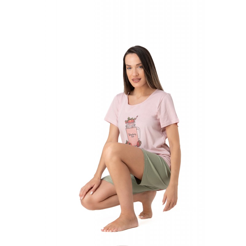 Relax - Γυναικεία Καλοκαιρινή Πυτζάμα με Κοντό Μανίκι Βερμούδα και Τύπωμα Φράουλες Cotton/Modal