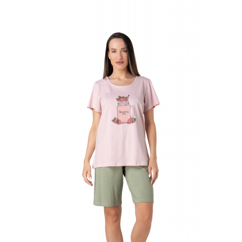 Relax - Γυναικεία Καλοκαιρινή Πυτζάμα με Κοντό Μανίκι Βερμούδα και Τύπωμα Φράουλες Cotton/Modal