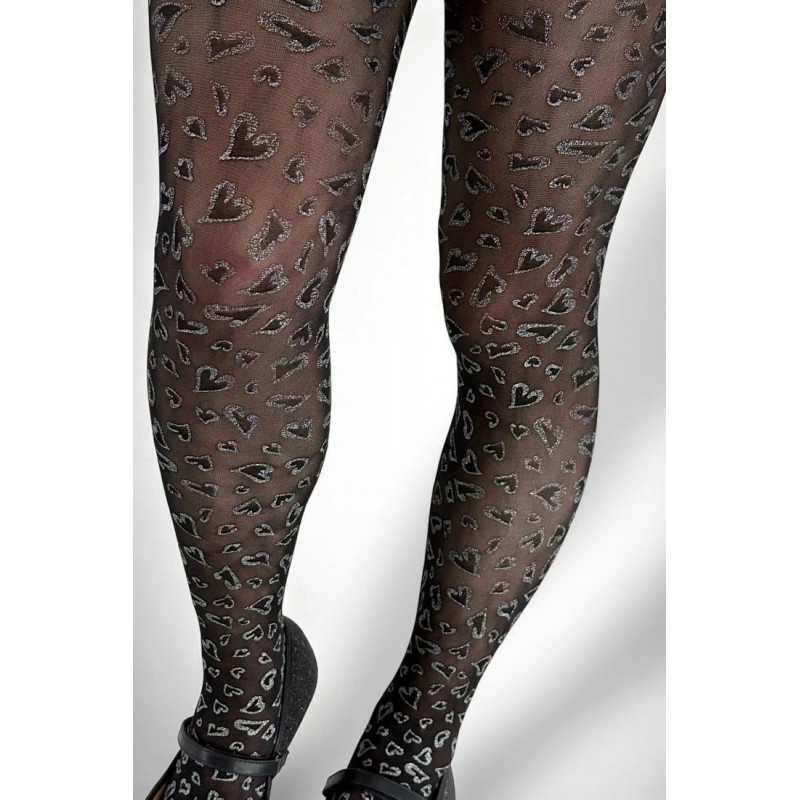 Ider - Παιδικό Αδιάφανο Ελαστικό Καλσόν 40D με Στάμπα Lurex Καρδιές - Μαύρο Ασημί