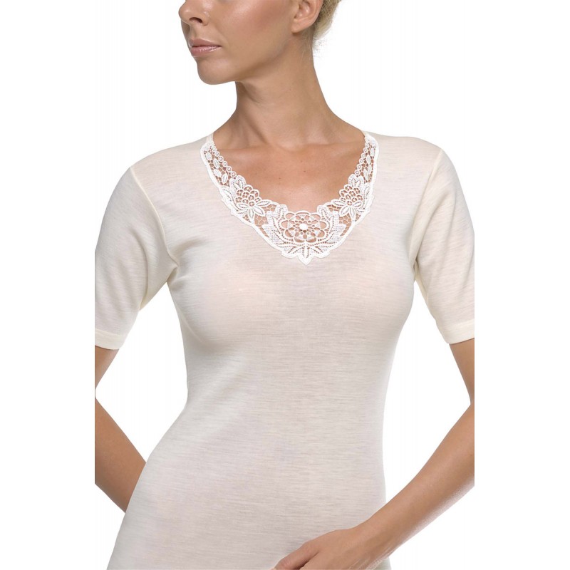 Helios Γυναικείο Φανελάκι Κοντομάνικο 100% Μαλλί με Μοτίφ (Νο 5)