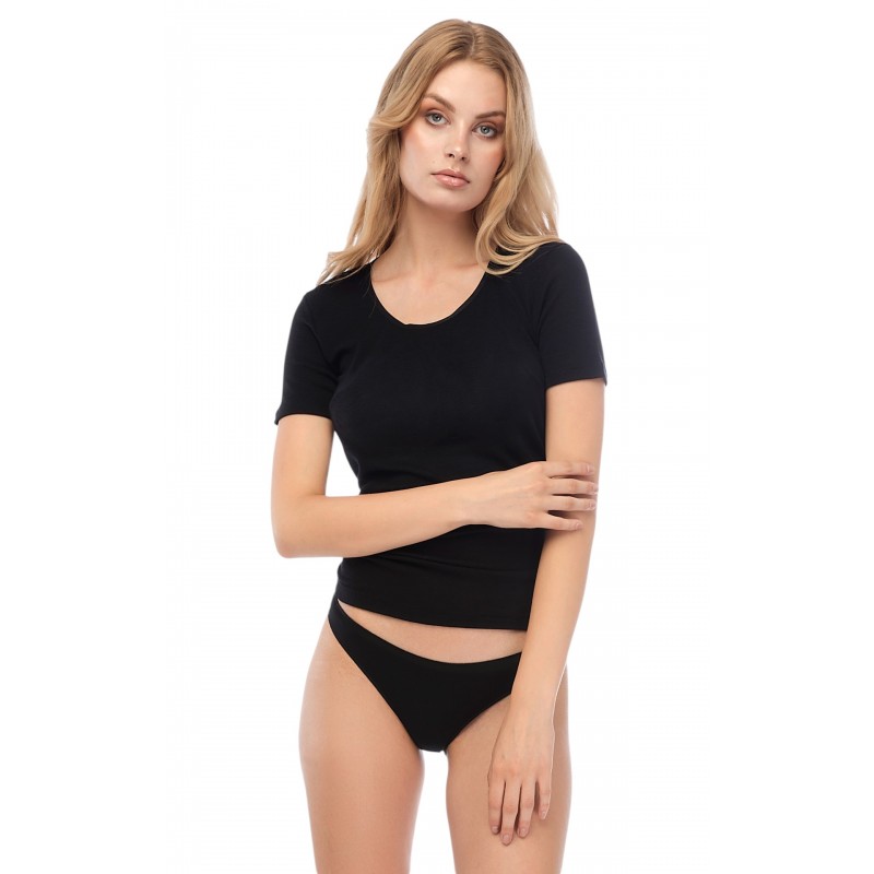 Minerva - Γυναικείο Κοντομάνικο Φανελάκι Μάλλινο Merinos Ανοιχτή Λαιμόκοψη - Large