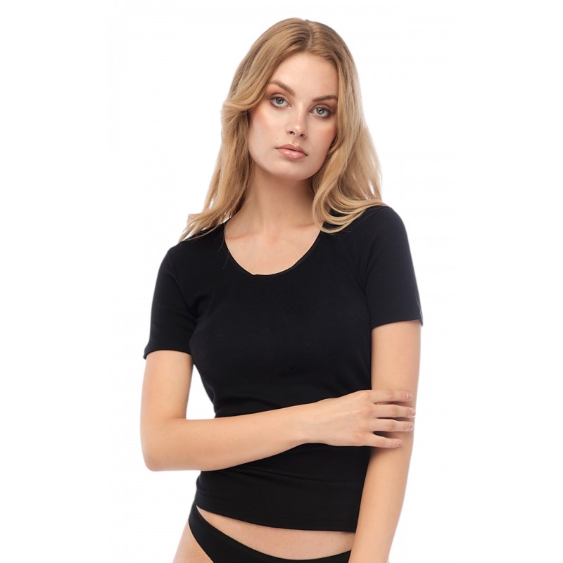 Minerva - Γυναικείο Κοντομάνικο Φανελάκι Μάλλινο Merinos Ανοιχτή Λαιμόκοψη - Large