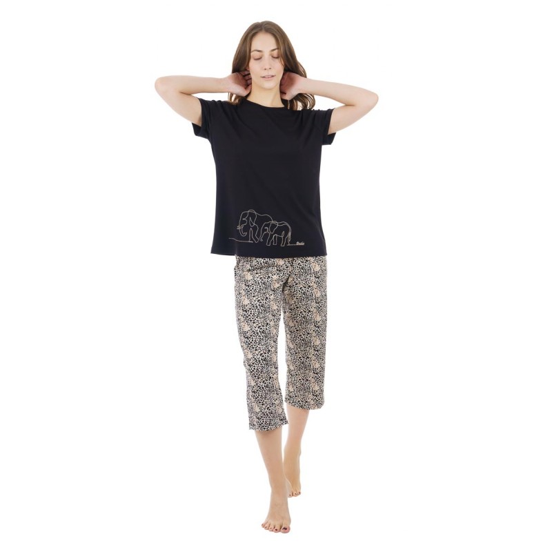 Dustin - Γυναικεία Πυτζάμα Κοντό Μανίκι και Κάπρι Παντελόνι με Animal Print
