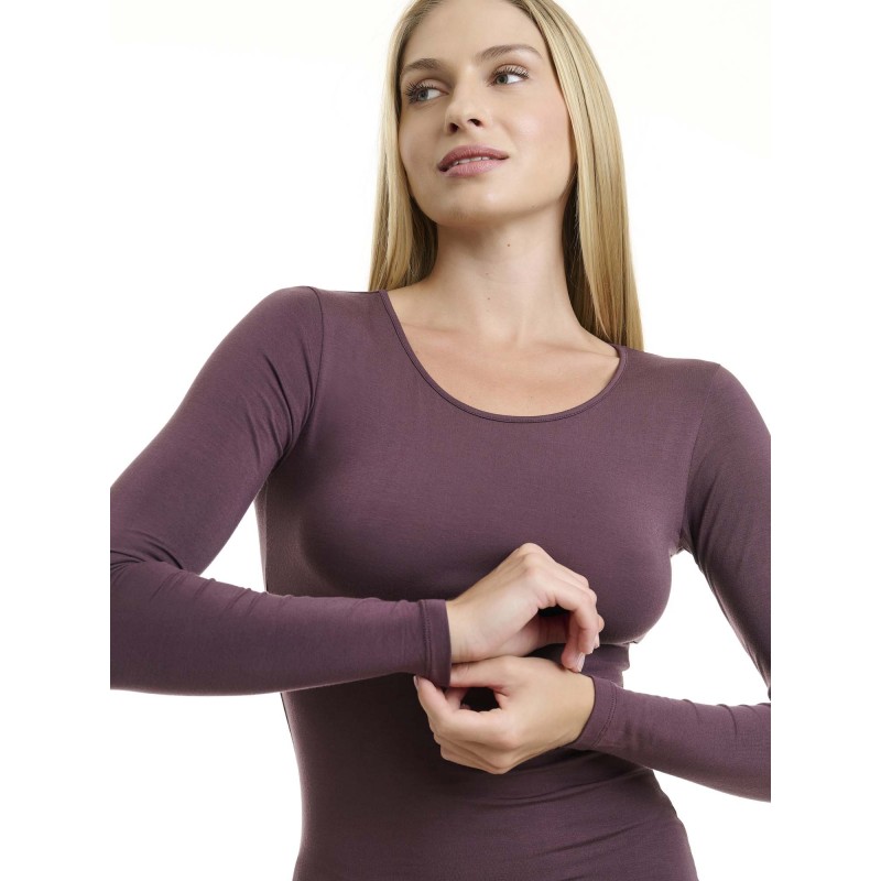 WALK Γυναικείο Μακρυμάνικο Top με Ανοιχτή Λαιμόκοψη από Bamboo Καφέ/Μπορντώ