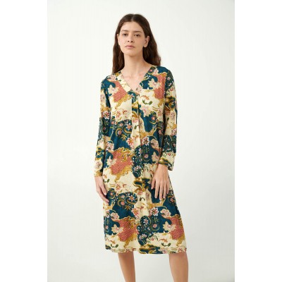 Ιαπωνικό Φλοράλ Νυχτικό με Πιέτα BLUE PETROL (21073-BLUE PETROL)