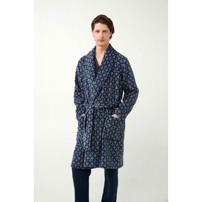 Μακριά Σταυρωτή Fleece Ρόμπα με Γεωμετρικό Μοτίβο Ρόμβων BLUE (21698-BLUE)