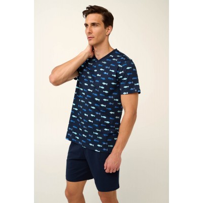 Βαμβακερή Ανδρική Πυτζάμα με V Λαιμόκοψη BLUE (22642-BLUE)
