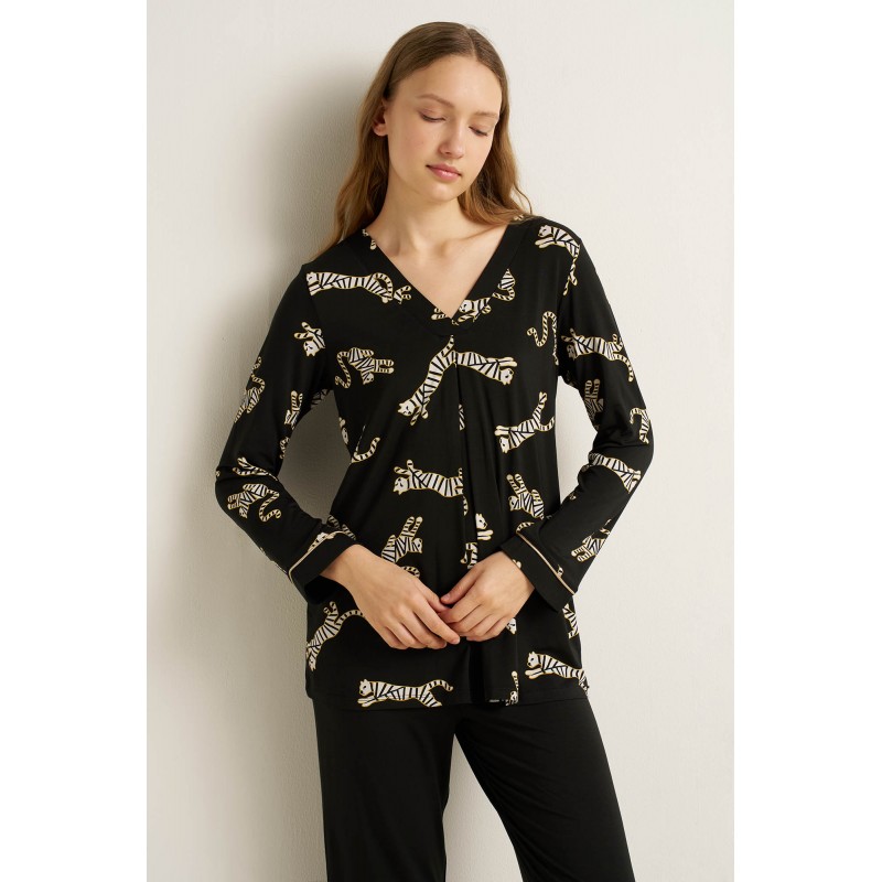 Γυναικεία Micromodal Πυτζάμα με Πιέτα BLACK (25085-BLACK)
