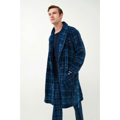 Μακριά Σταυρωτή Fleece Ρόμπα με Ταρτάν Μοτίβο BLUE (21628-BLUE)