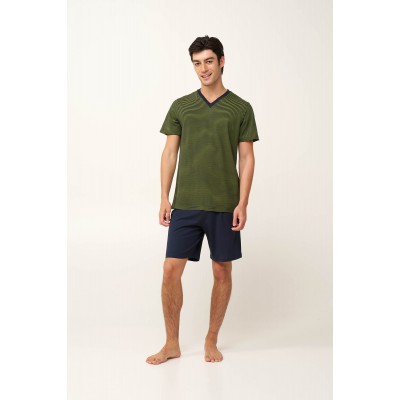Βαμβακερή Ανδρική Ριγέ Πυτζάμα με V BLUE (24640-BLUE)