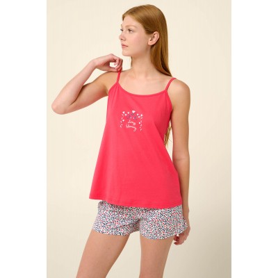 Βαμβακερό Babydoll με Φλοράλ Κοντό Παντελόνι RED ROUGE (22307-RED ROUGE)
