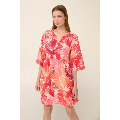 Καλοκαιρινό Φόρεμα από Ποπλίνα με Μανίκια 3/4 CORAL SUN (22446-CORAL SUN)
