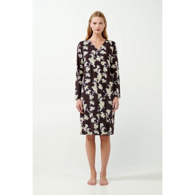 Micromodal  Φλοράλ Νυχτικό με Πιέτα BROWN COCOA (21024-BROWN COCOA)