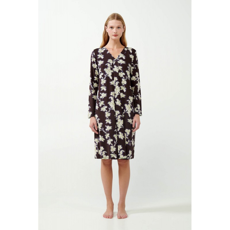 Micromodal  Φλοράλ Νυχτικό με Πιέτα BROWN COCOA (21024-BROWN COCOA)
