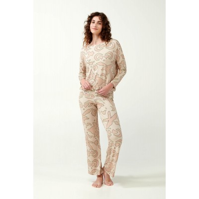 Μπεζ Πυτζάμα με Ανθέμιο Μοτίβο BEIGE (21093-BEIGE)