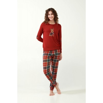 Χριστουγεννιάτικες Γυναικείες Πυτζάμες με Ταρτάν Μοτίβο στους Αγκώνες RED TERRACOTTA (21510-RED TERRACOTTA)