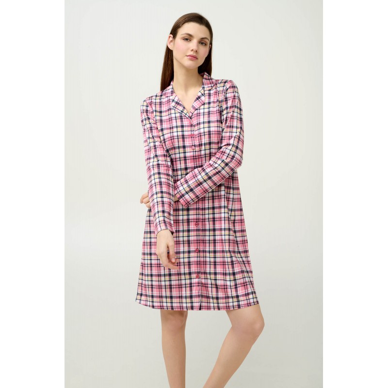 Βαμβακερό Κουμπωτό Καρό Νυχτικό PINK WOOD (23211-PINK WOOD)