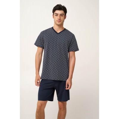 Βαμβακερή Ανδρική Πυτζάμα με V BLUE (24601-BLUE)