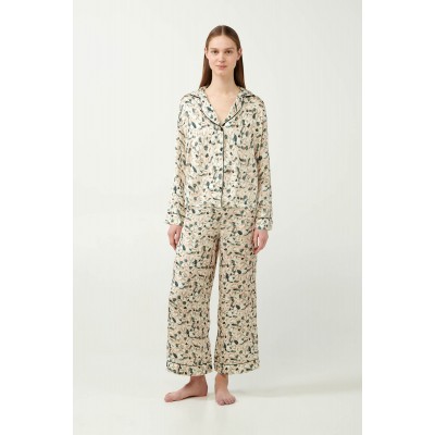 Viscose Satin Κουμπωτή Πυτζάμα Φλοράλ BEIGE STREAM (21101-BEIGE STREAM)