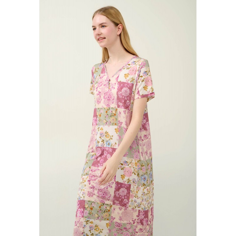 Micromodal Φλοράλ Νυχτικό με Κοντό Μανίκι PINK WOOD (23024-PINK WOOD)