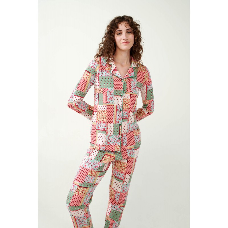 Κουμπωτή Πυτζάμα Interlock με Vintage Patchwork Μοτίβο GREEN BARLEY (21372-GREEN BARLEY)