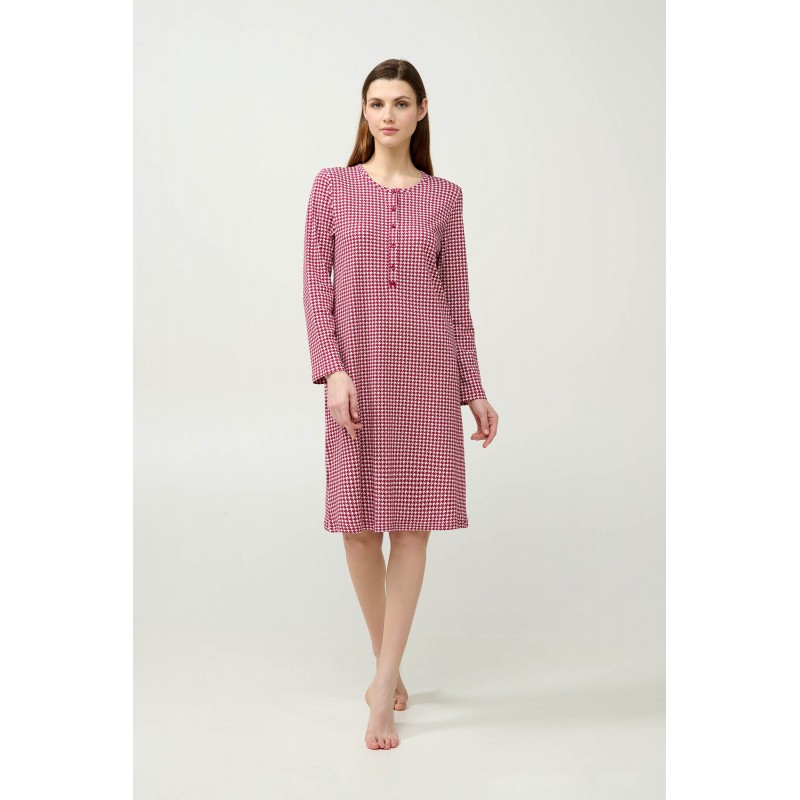 Βαμβακερό Νυχτικό Pied de Poule με Πατιλέτα RED BEET (23224-RED BEET)