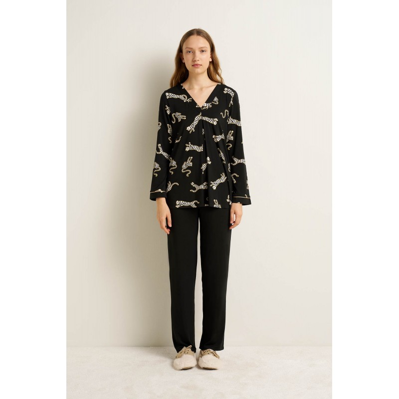 Γυναικεία Micromodal Πυτζάμα με Πιέτα BLACK (25085-BLACK)