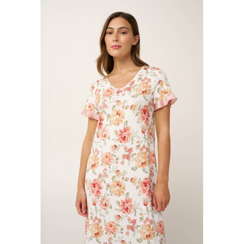 Micromodal Μακρύ Φλοράλ Νυχτικό PINK TAN (24050-PINK TAN)